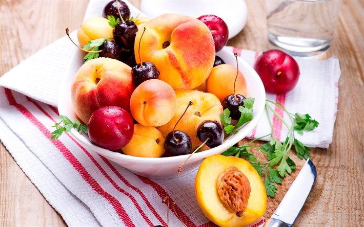 bagas, ameixa, damascos, cereja, frutas, pêssegos