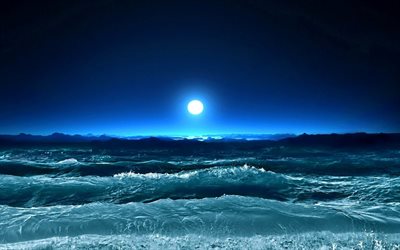 night, moonlight, the moon, night sea, storm, big waves