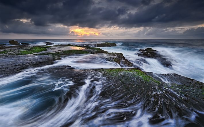 tide, stones, stormy sea, wave, sunset, the event