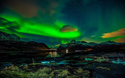 lofoten द्वीप समूह, norveske समुद्र, lopatinskii द्वीप समूह, नॉर्वे, उत्तरी रोशनी, नार्वे सागर