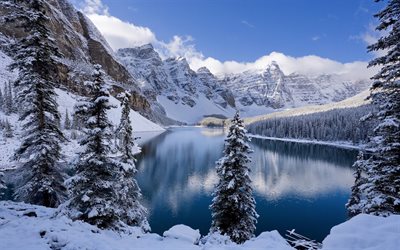 le lac moraine, canada, hiver, montagnes, banff, lac d'origine glaciaire, parc national, de la neige, wenkchemna пикс