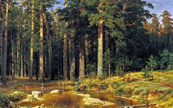 dipinto foresta, paesaggio, ruscello, immagine, strumok