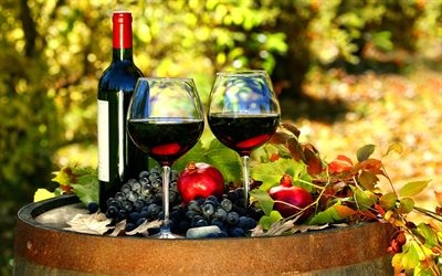 la vigne, le vin rouge, tonneau à vin, vin rouge