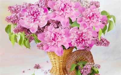 lilás, peônias, flores cor de rosa, buquê de peônias