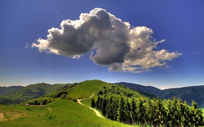 grande nuvem, nuvem, céu azul, colinas verdes, trilha