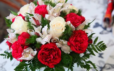 wedding bouquet, wedding, white roses, red roses