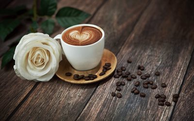 ruusu, latte art, kuppi kahvia