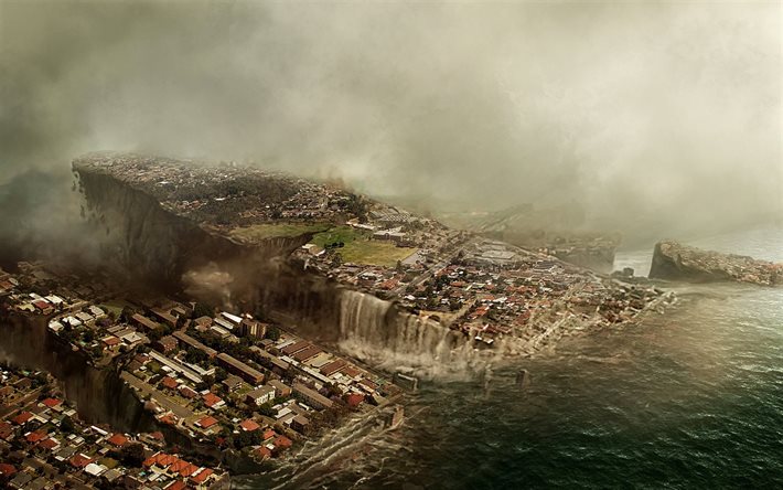 uppoava kaupunki, apokalypsi, maailmanloppu, romahdus, kaupungin ympäröimänä