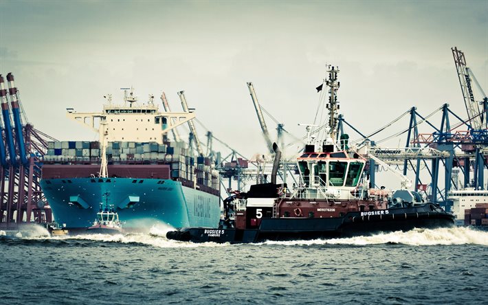 ett containerfartyg, bogserbåtar, våg