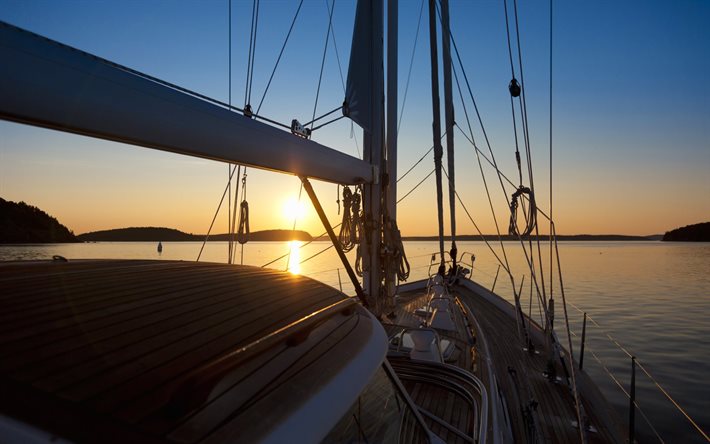 on deck, photo, sails, sunset