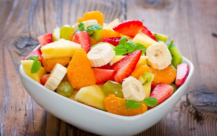 hackad frukt, fruktovisallad, sallader, hälsosam mat, frukt, frukterna, fruktsallad, salati