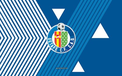 شعار getafe cf, 4k, فريق كرة القدم الاسباني, خطوط بيضاء زرقاء الخلفية, خيتافي cf, الدوري الاسباني, إسبانيا, فن الخط, كرة القدم, خيتافي