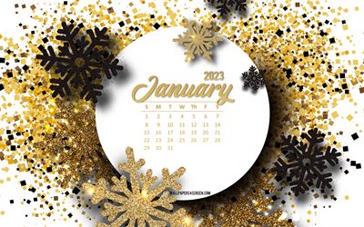calendrier janvier 2023, 4k, flocons de neige en or noir, fond d'hiver doré, calendriers d'hiver 2023, janvier, concepts 2023, art créatif