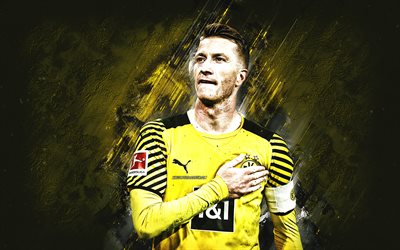 Marco Reus, Borussia Dortmund, german soccer player, attacking midfielder, portrait, yellow stone background, BVB, Bundesliga, Germany, football