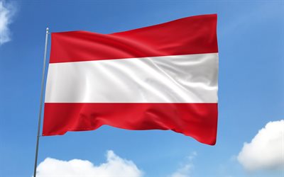 bandiera austriaca sul pennone, 4k, paesi europei, cielo blu, bandiera dell'austria, bandiere di raso ondulato, bandiera austriaca, simboli nazionali austriaci, pennone con bandiere, giorno dell'austria, europa, austria