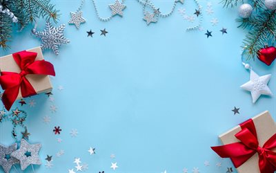 blauer weihnachtshintergrund, frohes neues jahr, frohe weihnachten, geschenkboxen mit roter seidenschleife, blauer winterhintergrund, weihnachtsschablonenhintergrund für weihnachtsgrußkarte