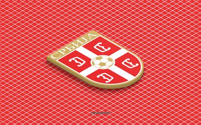 4k, Serbia national football team isometric logo, 3d art, isometric art, Serbia national football team, red background, Serbia, football, isometric emblem