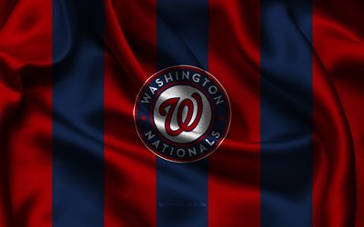 4k, Washington Nationals logo, red blue silk fabric, American baseball team, Washington Nationals emblem, MLB, Washington Nationals, USA, baseball, Washington Nationals flag, Major League Baseball