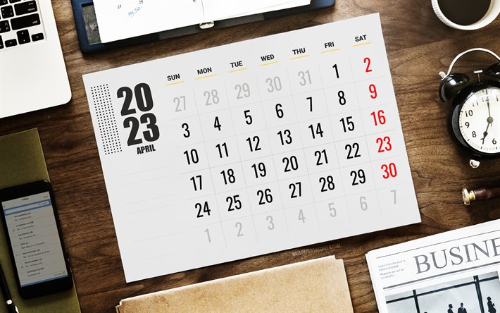 huhtikuun 2023 kalenteri, 4k, työpaikka, yrityksen pöytäkalenteri, huhtikuu, 2023 kalenterit, huhtikuun kalenteri 2023, kevään kalentereita, 2023 huhtikuun työkalenteri, vuoden 2023 pöytäkalenterit, 2023 huhtikuun kalenteri