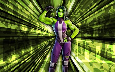 4k, she hulk fortnite, fond de rayons verts, peau de she hulk, art abstrait, skin fortnite hulk, personnages fortifiés, elle hulk, fortnite, art créatif