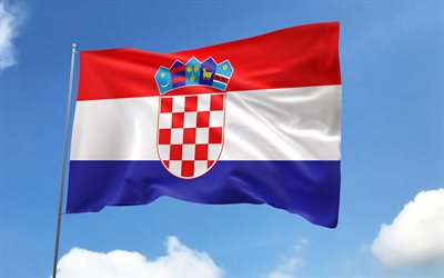 Croatia flag on flagpole, 4K, European countries, blue sky, flag of Croatia, wavy satin flags, Croatian flag, Croatian national symbols, flagpole with flags, Day of Croatia, Europe, Croatia