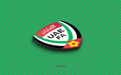 4k, isometrisches logo der fußballnationalmannschaft der vae, 3d kunst, isometrische kunst, fußballnationalmannschaft der vereinigten arabischen emirate, grüner hintergrund, vae, fußball, isometrisches emblem, vereinigte arabische emirate