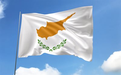 Cyprus flag on flagpole, 4K, European countries, blue sky, flag of Cyprus, wavy satin flags, Cypriot flag, Cypriot national symbols, flagpole with flags, Day of Cyprus, Europe, Cyprus flag, Cyprus