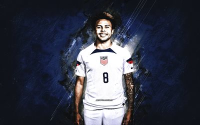 Weston McKennie, United States national soccer team, blue stone background, portrait, USA, american footballer, football, soccer, USMNT