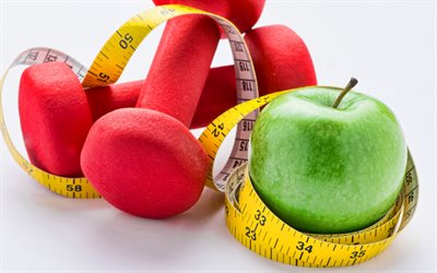 perdita di peso, 4k, manubri rossi, mela verde, metro a nastro giallo, sfondo di perdita di peso, salute, lotta in sovrappeso