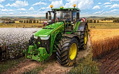 John Deere 8400R, tractor, harvesting, cotton growing, agricultural equipment, modern tractors, 8400R, John Deere, tractor on the field