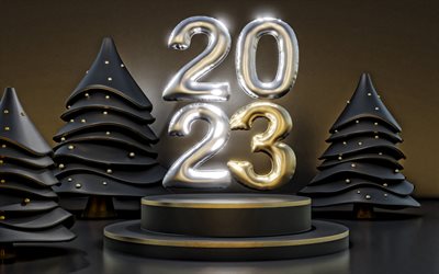 felice anno nuovo 2023, 4k, albero di natale 3d nero, 2023 sfondo 3d, 2023 felice anno nuovo, 2023 concetti, buon natale, alberi neri 3d