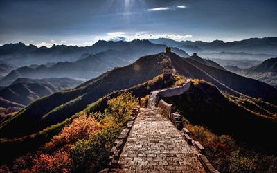 kinesiska muren, kväll, solnedgång, bergslandskap, världslandmärke, jinshanling, berg, kina