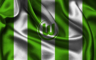 4k, VfL Wolfsburg logo, green white silk fabric, German football team, VfL Wolfsburg emblem, Bundesliga, VfL Wolfsburg, Germany, football, VfL Wolfsburg flag, Wolfsburg FC
