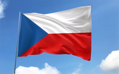 tjeckiens flagga på flaggstången, 4k, europeiska länder, blå himmel, tjeckiens flagga, vågiga satinflaggor, tjeckiska flaggan, tjeckiska nationella symboler, tjeckiens dag, tjeckien