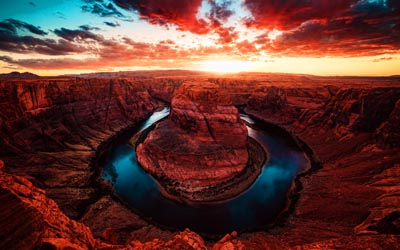 4k, río colorado, puesta de sol, curva de herradura, hdr, hitos americanos, desierto, arizona, eeuu, america, turismo, hermosa naturaleza