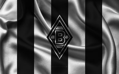 4k, logotipo del borussia mönchengladbach, tela de seda blanca negra, equipo de fútbol alemán, emblema del borussia mönchengladbach, bundesliga, borussia mönchengladbach, alemania, fútbol, bandera del borussia mönchengladbach