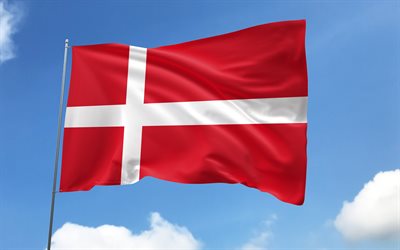Denmark flag on flagpole, 4K, European countries, blue sky, flag of Denmark, wavy satin flags, Danish flag, Danish national symbols, flagpole with flags, Day of Denmark, Europe, Denmark flag, Denmark
