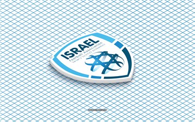 4k, logotipo isométrico del equipo nacional de fútbol de israel, arte 3d, arte isometrico, selección de fútbol de israel, fondo azul, israel, fútbol, emblema isométrico