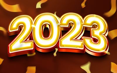 2023 feliz año nuevo, dígitos 3d amarillos, confeti dorado, 2023 año, 4k, obra de arte, 2023 conceptos, 2023 dígitos 3d, feliz año nuevo 2023, 2023 fondo marrón