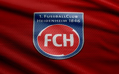 fcハイデンハイムファブリックロゴ, 4k, 赤い布の背景, ブンデスリーガ, ボケ, サッカー, fcハイデンハイムロゴ, フットボール, fcハイデンハイムエンブレム, fcハイデンハイム, ドイツのフットボールクラブ, ハイデンハイムfc