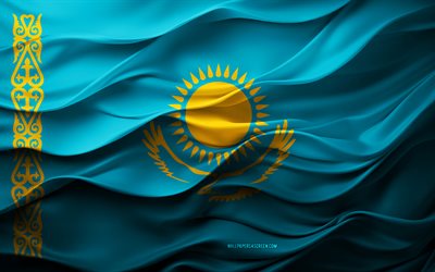 4k, علم كازاخستان, الدول الأوروبية, 3d الكازاخستان العلم, أوروبا, الملمس ثلاثي الأبعاد, يوم كازاخستان, رموز وطنية, الفن ثلاثي الأبعاد, كازاخستان