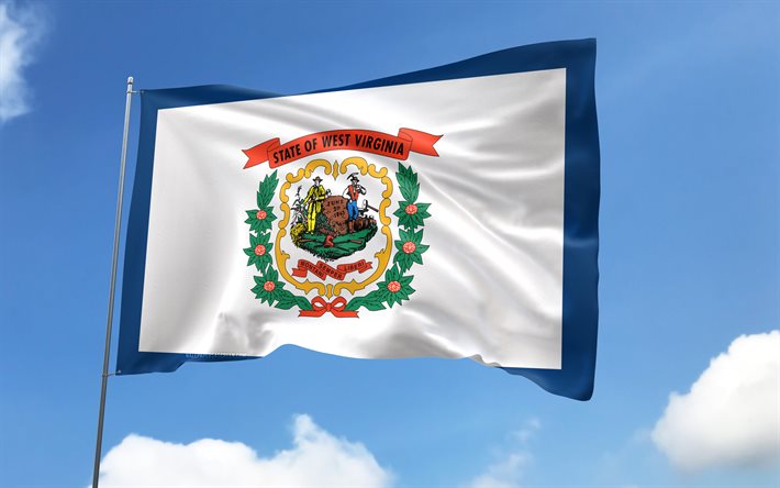 West Virginia flag on flagpole, 4K, american states, blue sky, flag of West Virginia, wavy satin flags, West Virginia flag, US States, flagpole with flags, United States, Day of West Virginia, USA, West Virginia