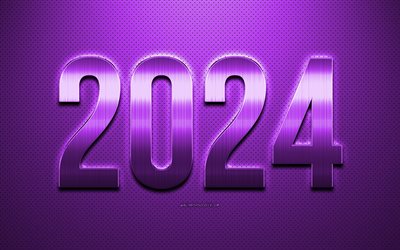 4k, 2024 새해 복 많이 받으세요, 자주색 2024 배경, 2024 금속 문자, 새해 복 많이 받으세요 2024, 자주색 질감, 2024 개념, 2024 인사말 카드
