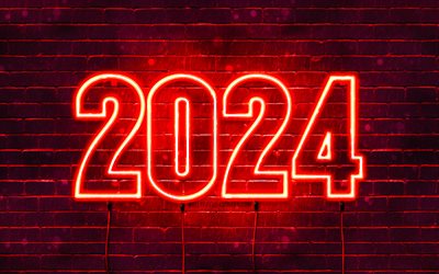 hyvää uutta vuotta 2024, 4k, punatiiliseinä, 2024 käsitteet, 2024 punainen neoninumero, 2024 hyvää uutta vuotta, neontaide, luova, 2024 punainen tausta, 2024 vuosi, 2024 punainen numero
