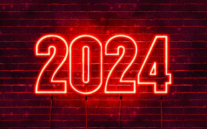 gott nytt år 2024, 4k, röd tegelvägg, 2024 koncept, 2024 röd neon siffror, 2024 gott nytt år, neonkonst, kreativ, 2024 röd bakgrund, 2024 år, 2024 röda siffror