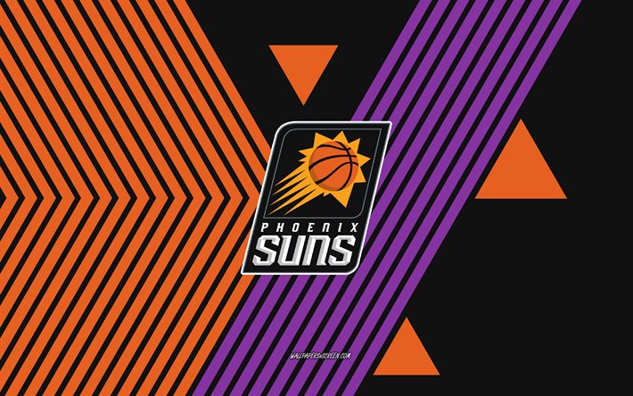 phoenix suns  logo, 4k, amerikkalainen koripallojoukkue, oranssi violetti viivat tausta, phoenix suns, nba, yhdysvallat, linjataide, phoenix suns  tunnus, koripallo