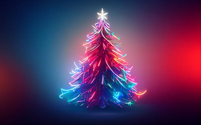 네온 크리스마스 트리, 4k, 창의적인, 다채로운 크리스마스 배경, 새해 복 많이 받으세요, 메리 크리스마스, 크리스마스 트리