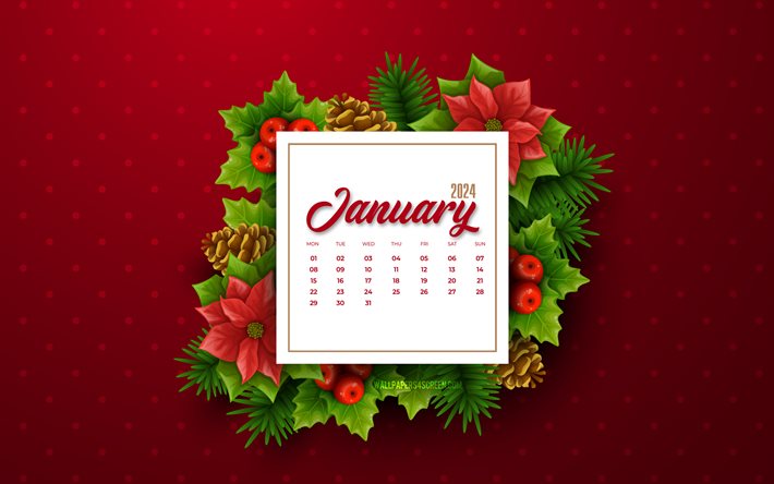 2024 januar kalender, 4k, weihnachtselemente, 2024 konzepte, januar, roter hintergrund, 2024 vorlage, januar kalender 2024, kreativ kunst