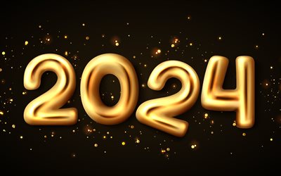 2024 Happy New Year, 2024 concepts, 3D gold numbers, Happy New Year 2024, black background, 2024 greeting card