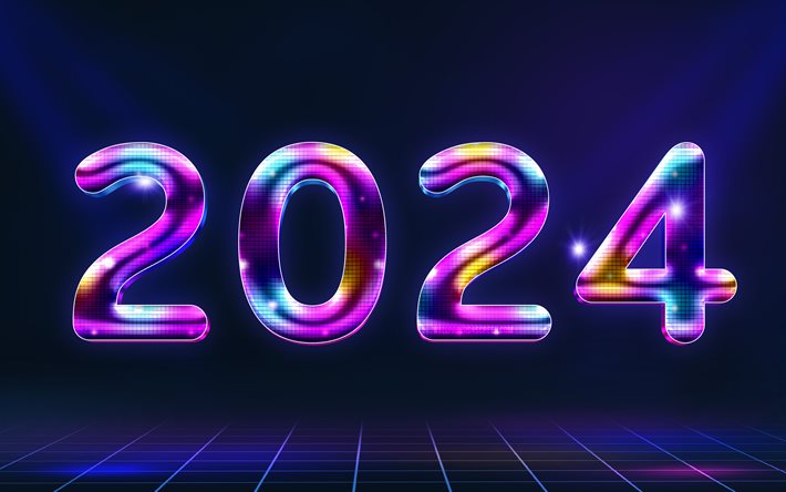 2024 feliz ano novo, 4k, estilo disco, 2024 anos, dígitos 3d roxos, 2024 conceitos, criativo, 2024 dígitos 3d, 2024 antecedentes violeta, feliz ano novo 2024